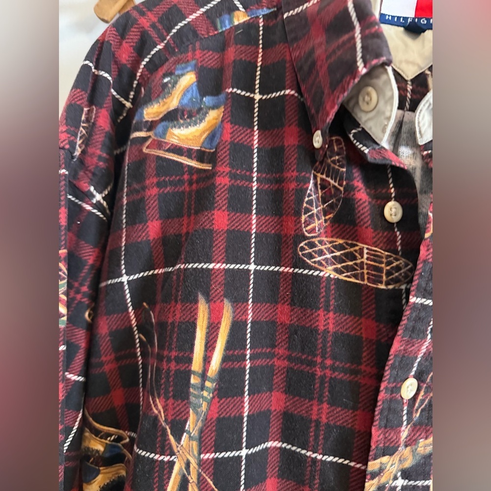 Vtg Tommy Hilfiger Winter Sports Brushed Cotton Shirt L Cabin Core Skis snowshoe - Picture 2 of 6